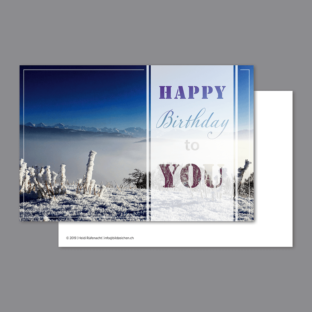 Happy Birthday Postkarte mit Winterlandschaft